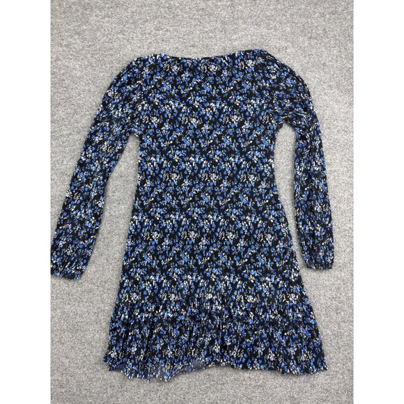 ASOS Dress Womens 4 Black Blue Floral Long Sleeve V Neck Mini Pleated Stretch - Picture 6 of 6